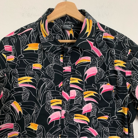 Hurley Button Up Shirt Bird Toucan Print Shirt Sleeve Mens L Colorful Collared - Picture 6 of 12